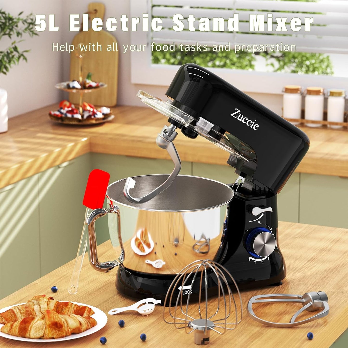 Küchenmaschine, Zuccie Knetmaschine Leise Rührmaschine inkl 5L Edelstahlschüssel 3-Rührwerkzeuge Spritzschutz Teigschaber und Eiertrenner, 8+P Geschwindigkeit Teigmaschine (Schwarz)