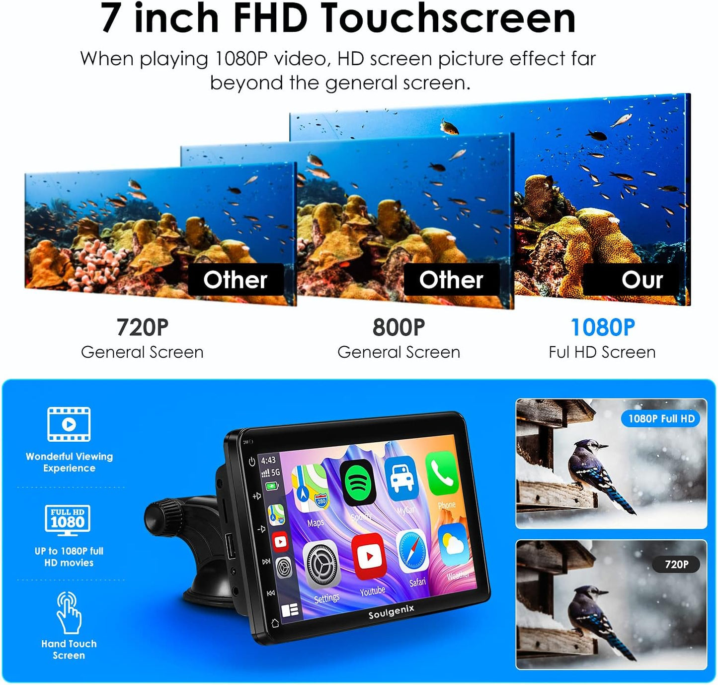 Wireless Apple CarPlay&Android Auto Display Portable Doppel Din Radio, Tragbares Autoradio 7 Zoll HD IPS Touchscreen,GPS Navi, Bluetooth, Rückfahrkamera, Mirror Link, FM, AUX CarPlay Display, 12-24V