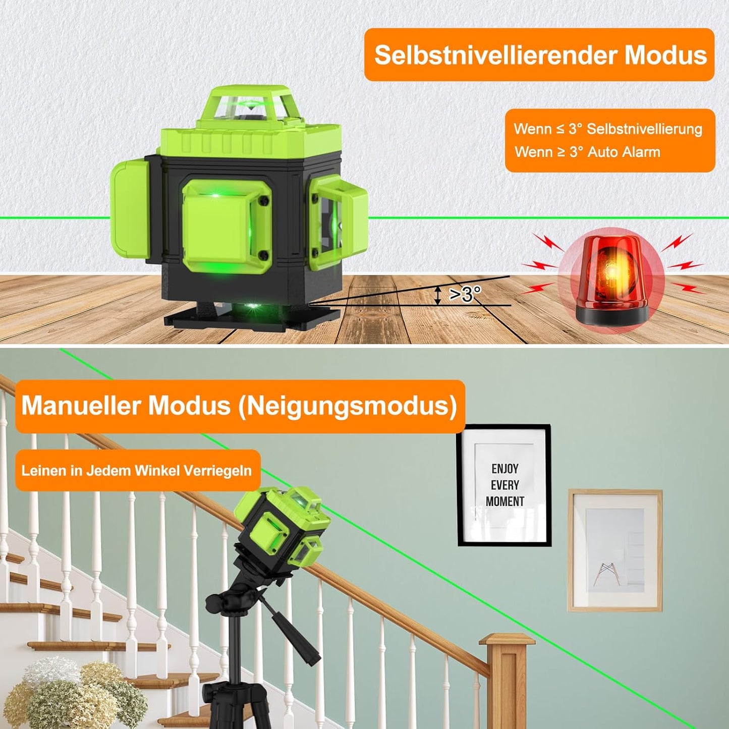 IMAYCC Kreuzlinienlaser Grün Selbstnivellierend Laser Wasserwaage 16 Linien 4Dx360 Grad Linienlaser Kreuzlaser Baulaser Einstellbare Helligkeit für Innenbereich Baustelle, 2 x Batterie