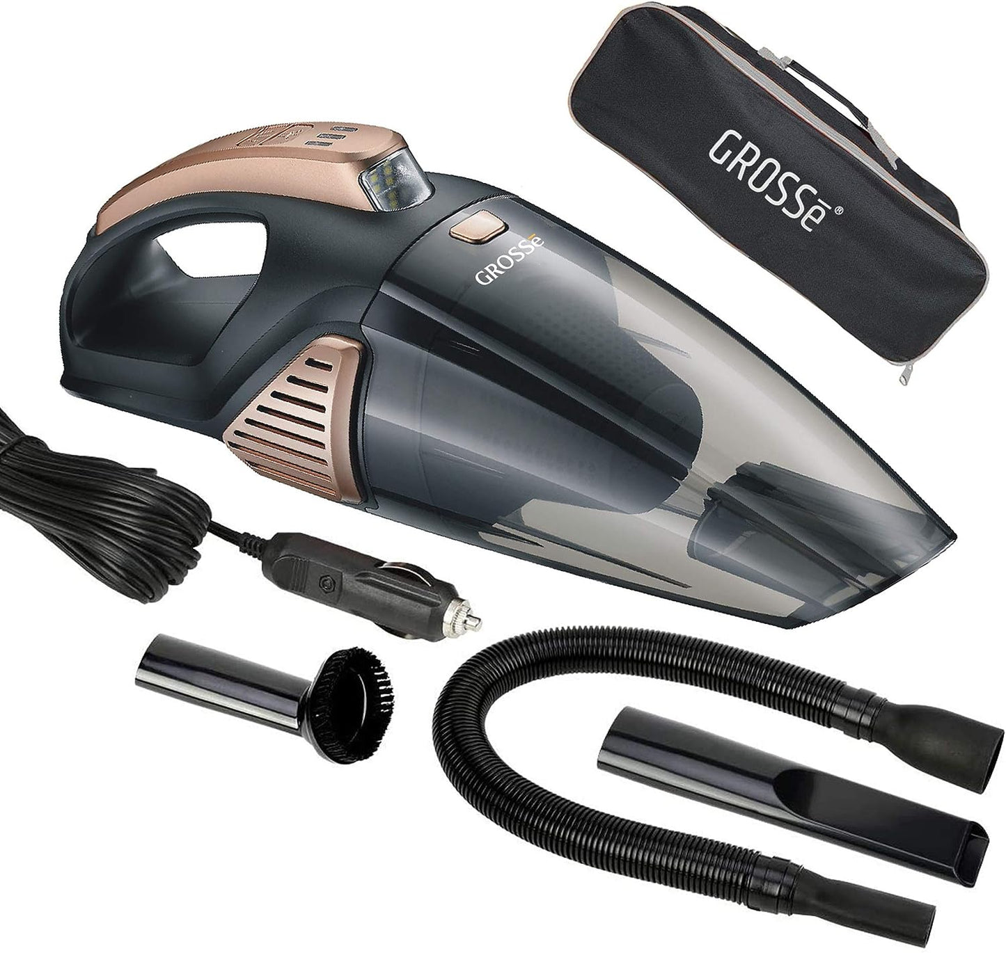 GROSSē 12 V DC Hand-Auto-Staubsauger für trockenes, nasses Auto, 150 W, 6000 PA, leistungsstark, tragbar, Schwarz, Weiß