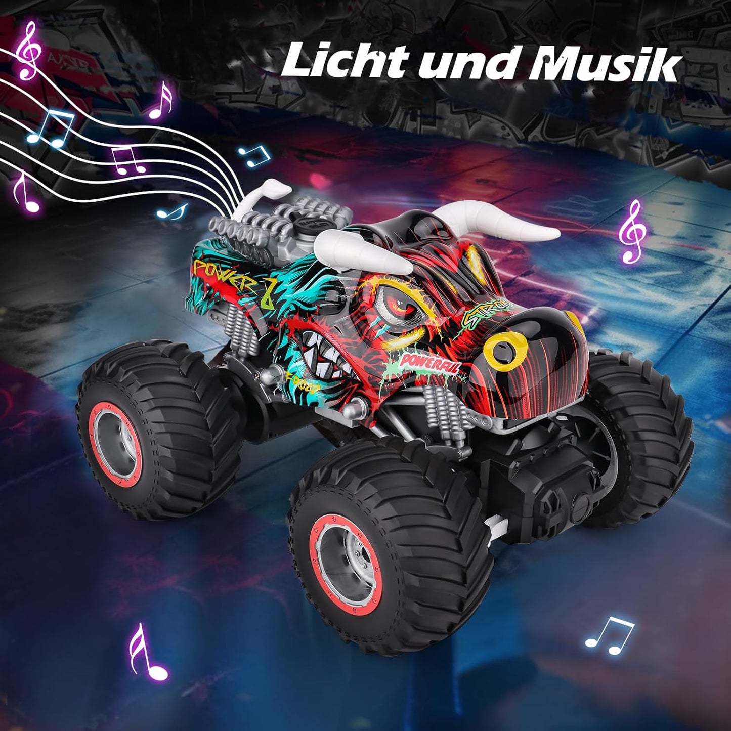 PREBOX Ferngesteuerter Monstertruck für Jungen 8-12 – RC-Bullauto-Spielzeug für Kinder im Alter von 4–7 Jahren, Geburtstagsgeschenke für Jungen mit Musik und Lichtern