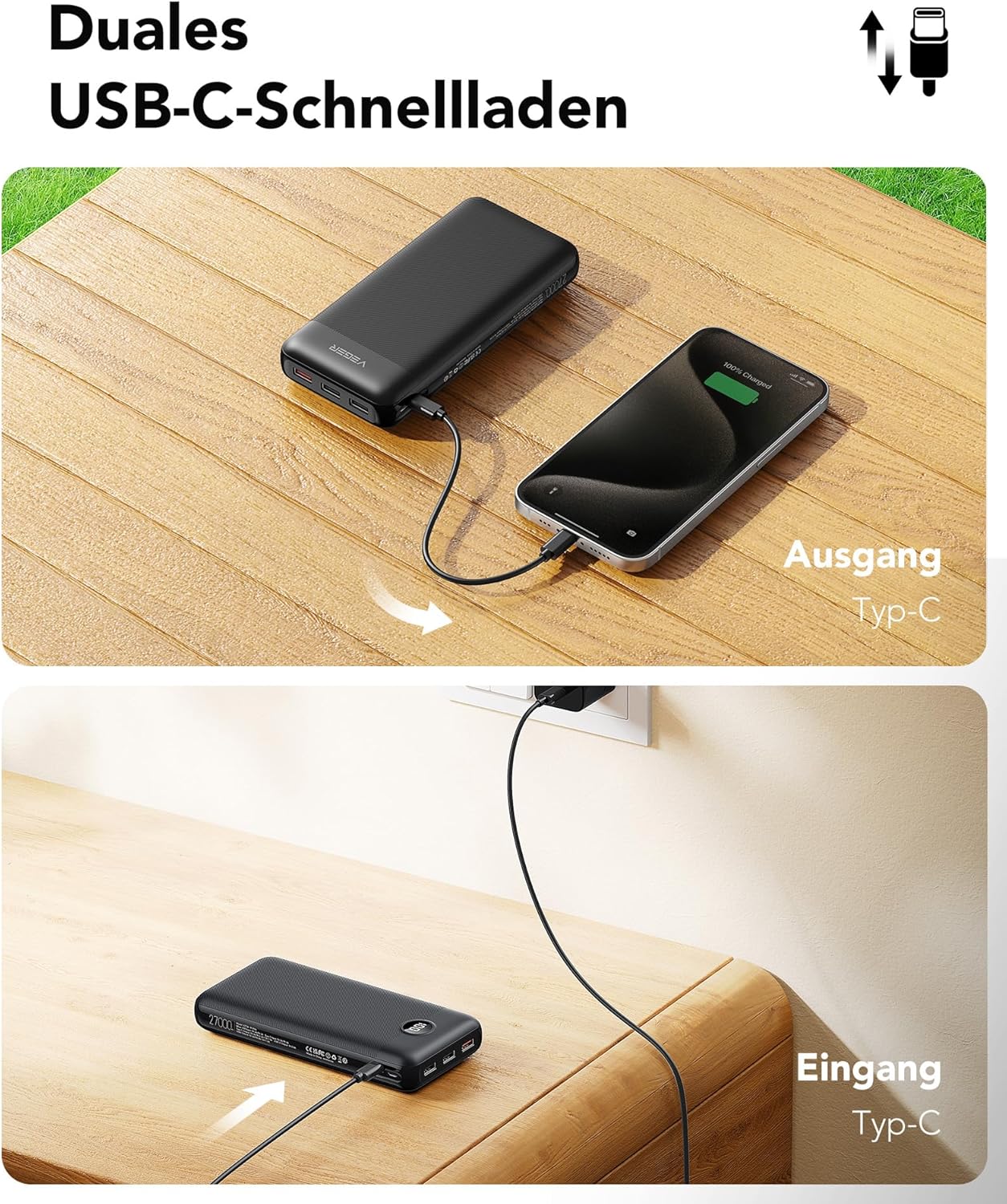 VEGER Power Bank 27000mAh 20W PD, Powerbank USB C Externer Handyakkus mit 4 Ausgängen und 2 Eingängen LED Tragbares Ladegerät,Kompatibel mit iPhone Samsung Huawei Tablet usw