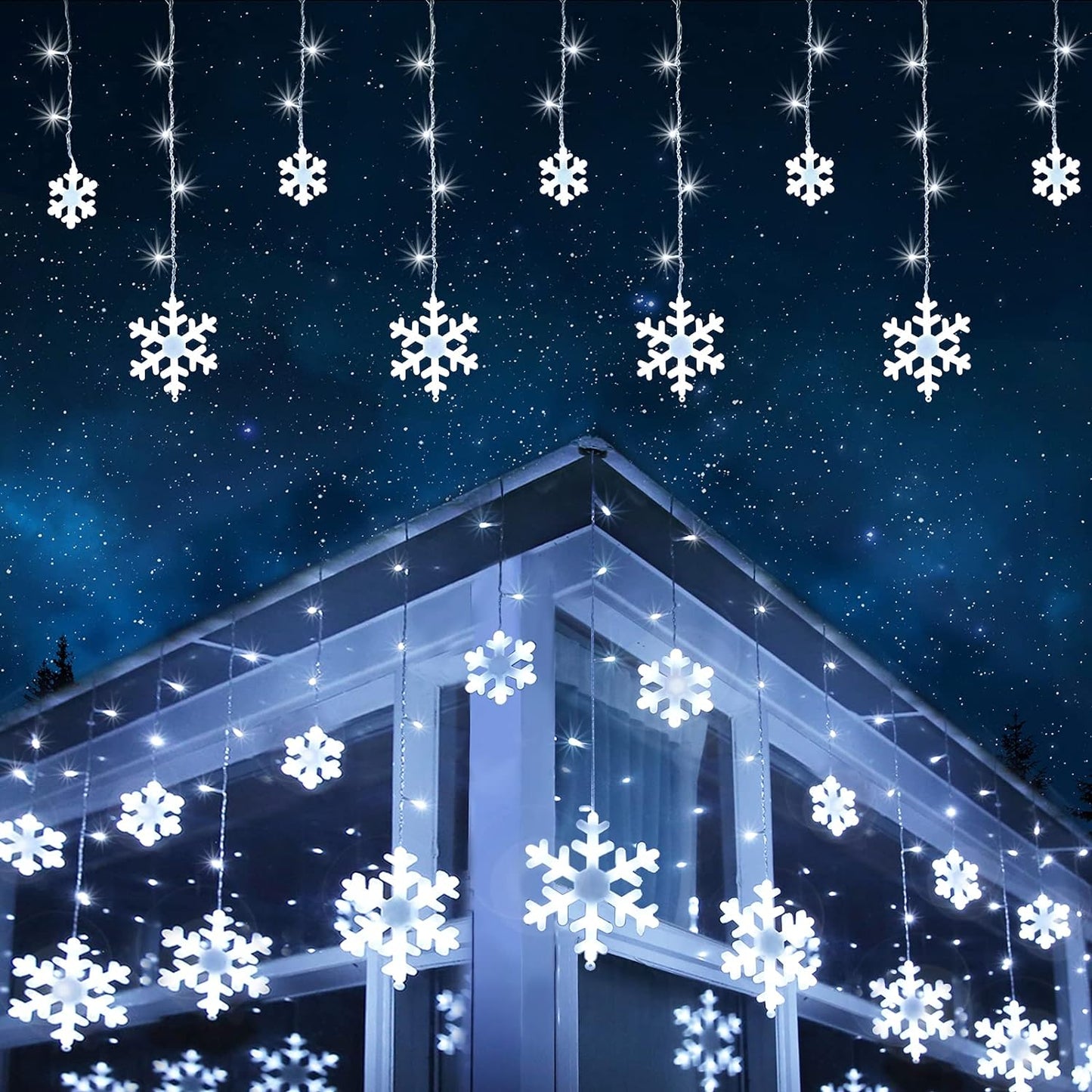 Weihnachts-Schneeflocken-Lichter, 10,66 Fuß, 168 LED-Eiszapfen-Lichter für den Außenbereich mit 14 Tropfen, 8 Modi, wasserdicht, anschließbar, Weihnachtslicht für Dachvorsprünge, Hochzeit, Garten, Hof, Innen- und Außenbereich (weiß)