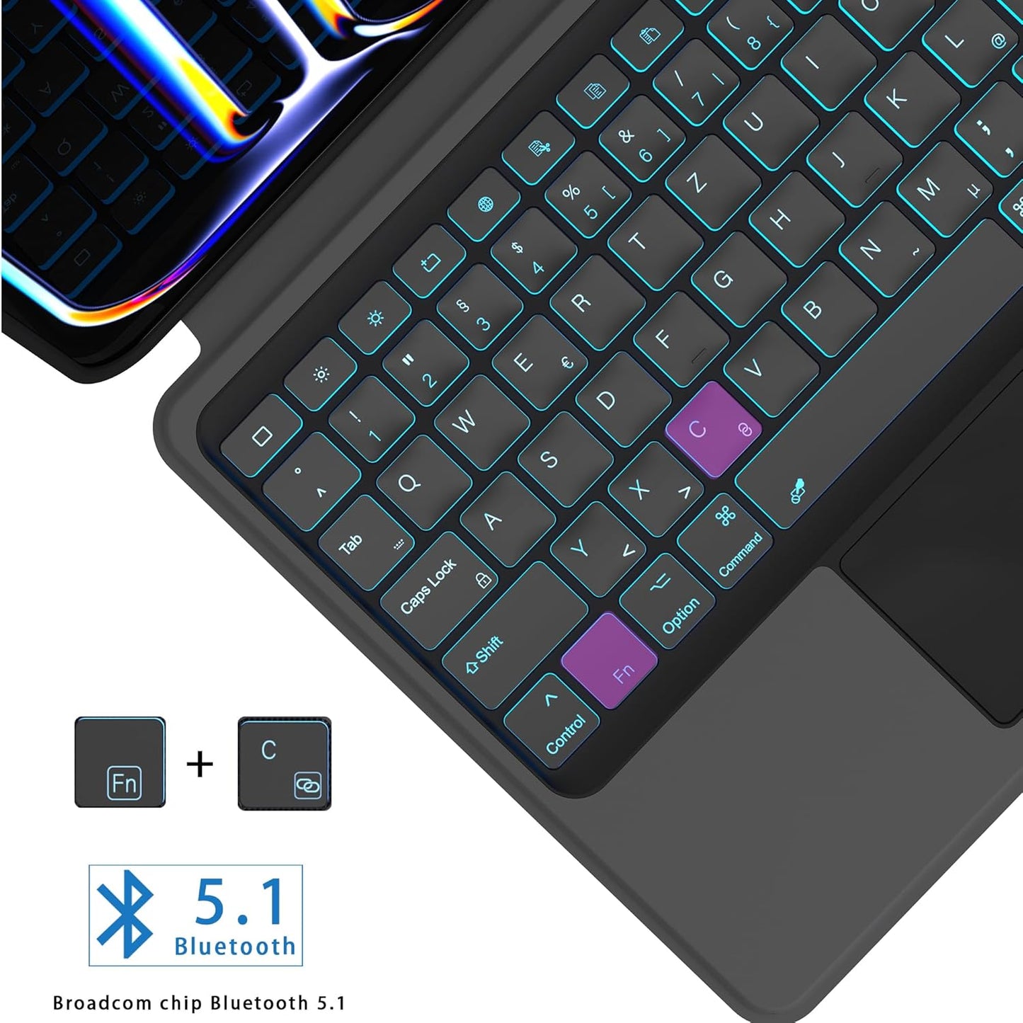 Tastatur Hülle für iPad Pro 11 Zoll (M4) 2024 - Abnehmbare Magnetisch 7 Farbige Beleuchtung Touchpad Tablet Cover mit Stifthalter - Beleuchtete Deutsches QWERTZ Layout Tastatur für iPad 11" M4 Schwarz