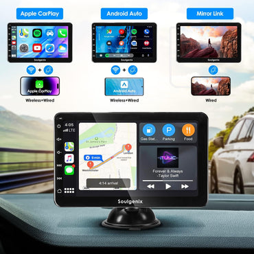 Wireless Apple CarPlay&Android Auto Display Portable Doppel Din Radio, Tragbares Autoradio 7 Zoll HD IPS Touchscreen,GPS Navi, Bluetooth, Rückfahrkamera, Mirror Link, FM, AUX CarPlay Display, 12-24V