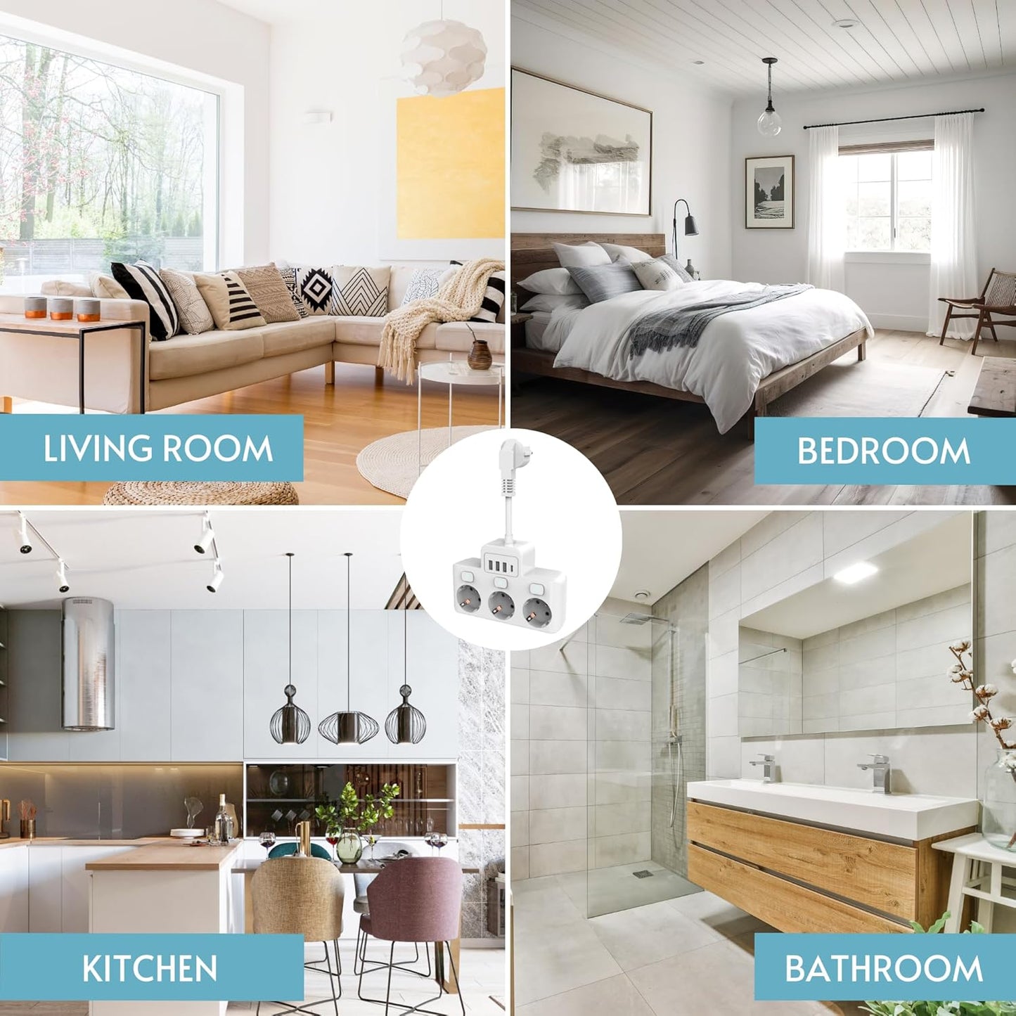 Steckdosenleiste mit Schalter, Netzstecker mit Sicherung, schaltbare Mehrfachstecker, mit USB - USB C, 220-250V, Einzel, Dreifach, Wand, für Zuhause, Küche, Büro, Weiß.