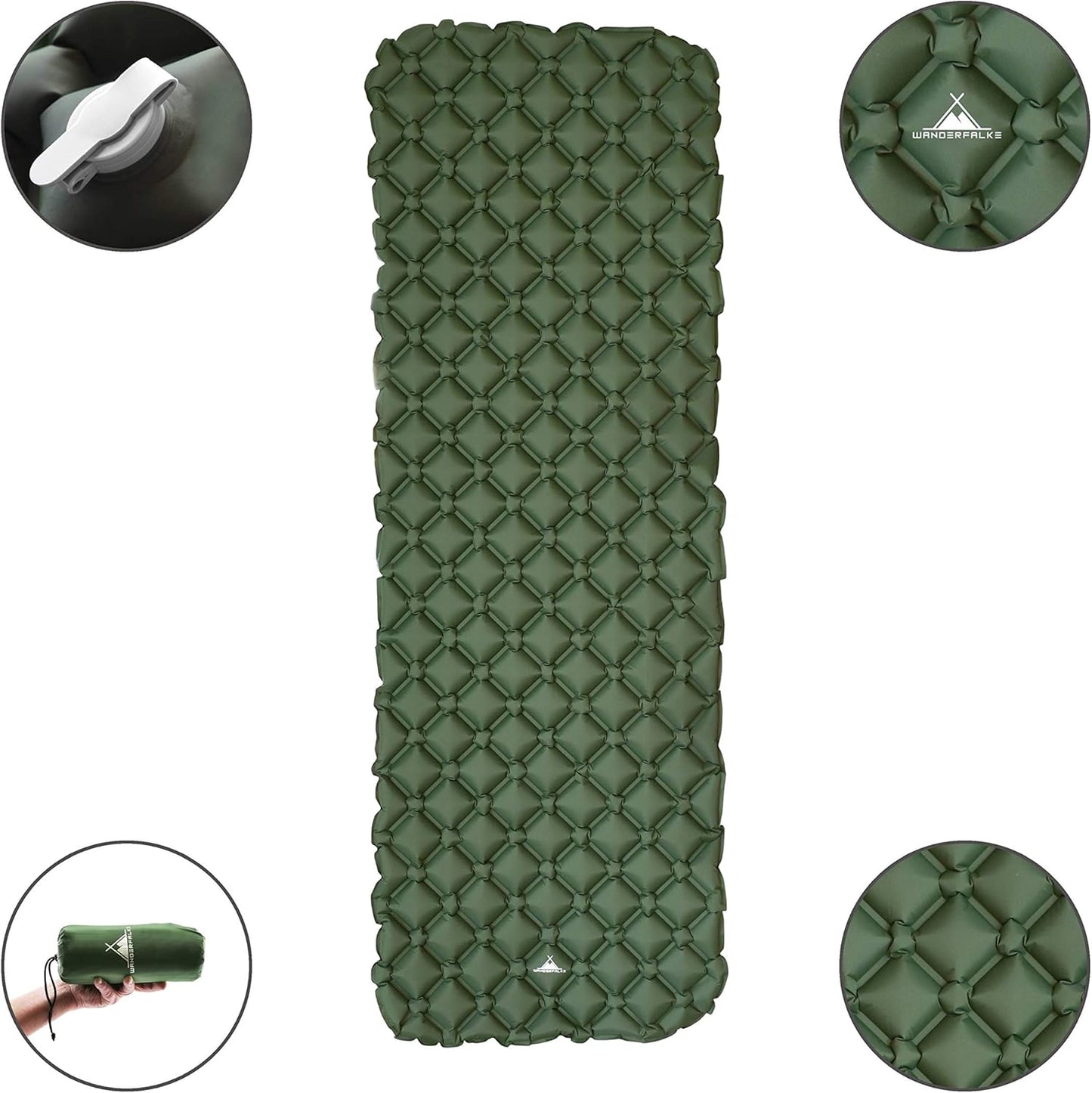 WANDERFALKE® Ultraleichte aufblasbare Isomatte – XL Breite 66 cm – Campingmatratze mit kleinem Packmaß für Outdoor, Camping, Wandern & Bikepacking
