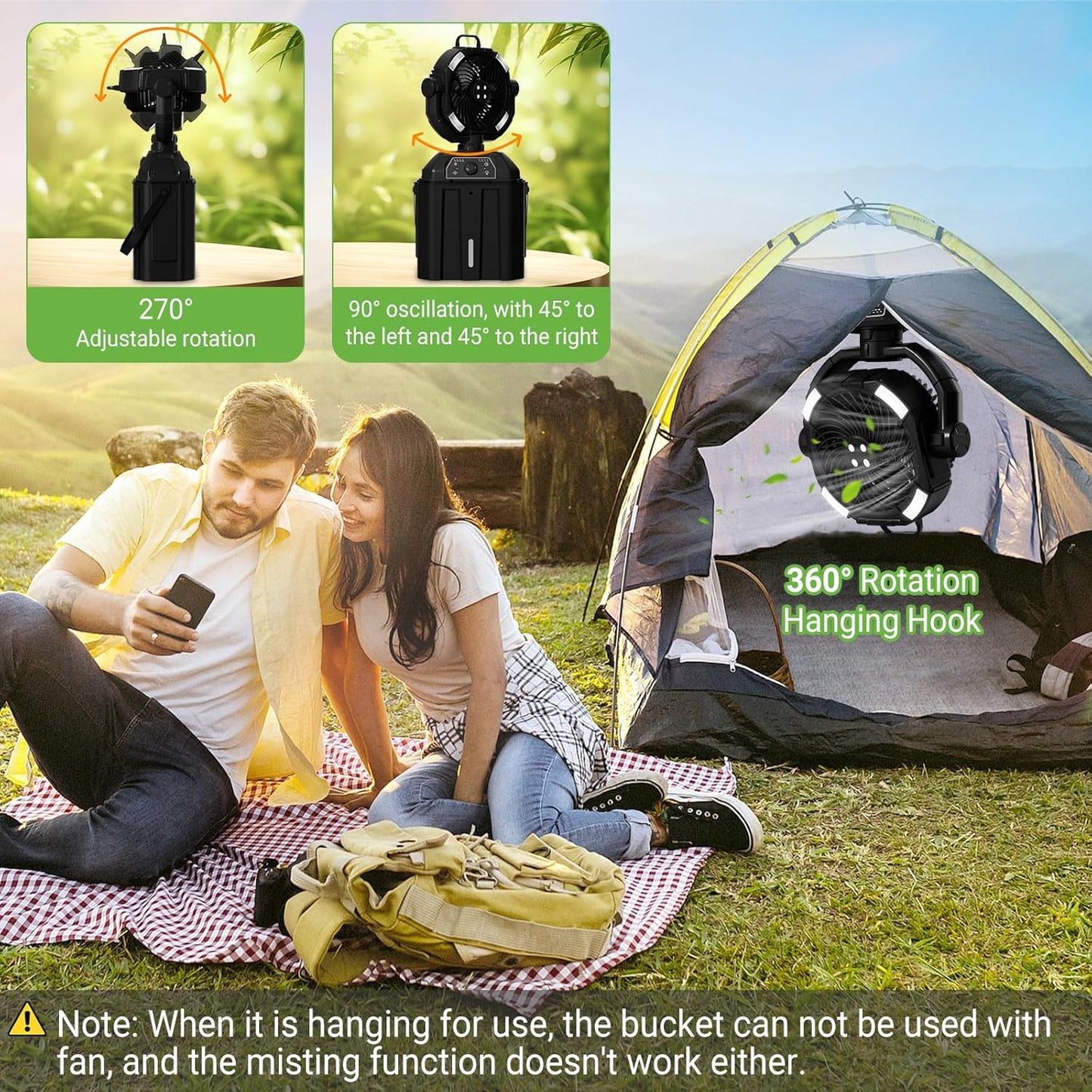 Tragbarer Nebelventilator für Außenterrasse, 20.000 mAh, wiederaufladbar, batteriebetrieben, Camping-Nebelventilator mit 4,5 l Wassereimer, starker Wind, kühlender Nebel für Outdoor-Sport/Reisen/Party