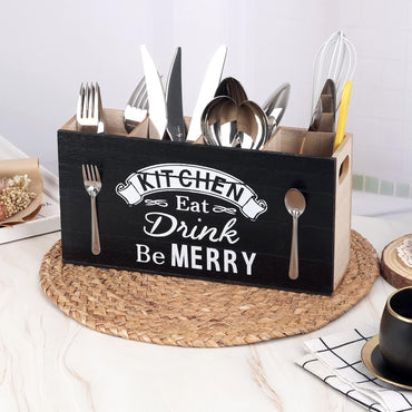 JAZUIHA Besteckkorb Tisch, 4 Fächer Holz Besteckhalter, Besteck Organizer Besteckbox Besteckkasten Utensilienhalter, Besteckstander für Workingplatte, Küchentisch, Schrank, Küche, Party, Schwarz