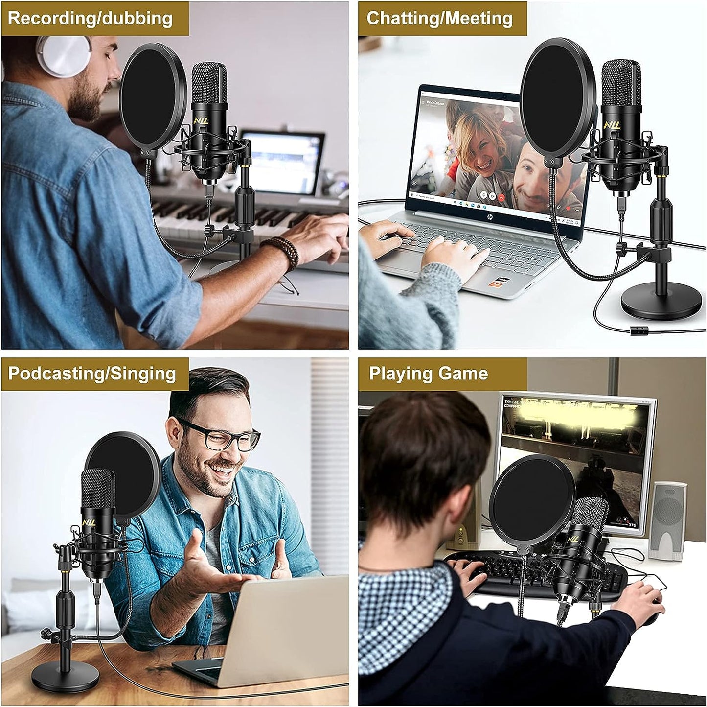 Professionelles USB-Mikrofonset für Studio-Audio, 192 kHz/24 Bit NLL-Kondensator-Computermikrofon, Plug & Play-Desktop-Podcast-Mikrofon, Stoßdämpferhalterung, Popfilter, NC-012
