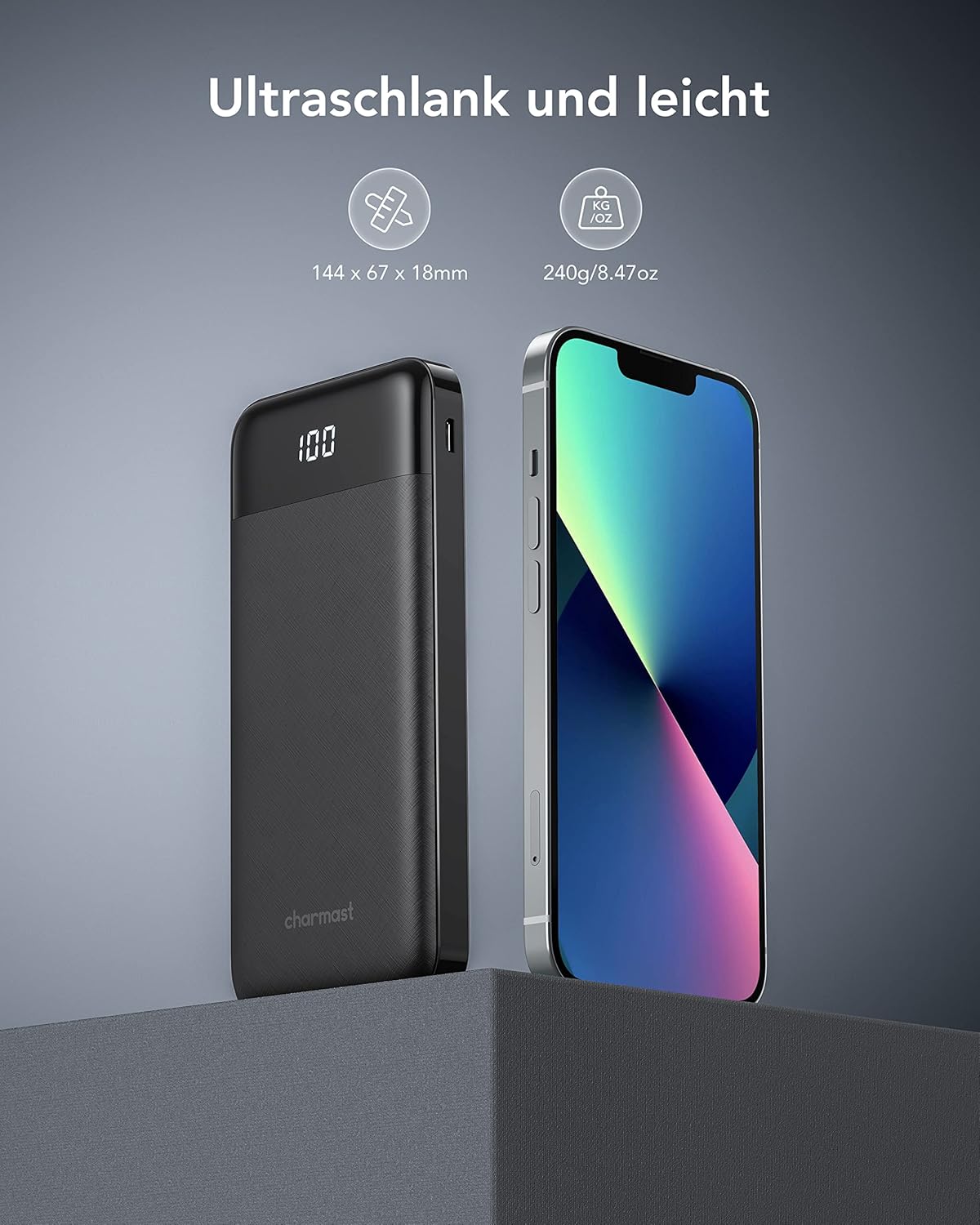Charmast Power Bank, Slim 10000mAh Powerbank mit Kabel USB C und LED-Display, 6 Ausgängen Klein Aber Stark Externe Handyakkus Kompatibel mit iPhone 16 15 14 13 12 11 Pro Max Plus Huawei Samsung Tablet