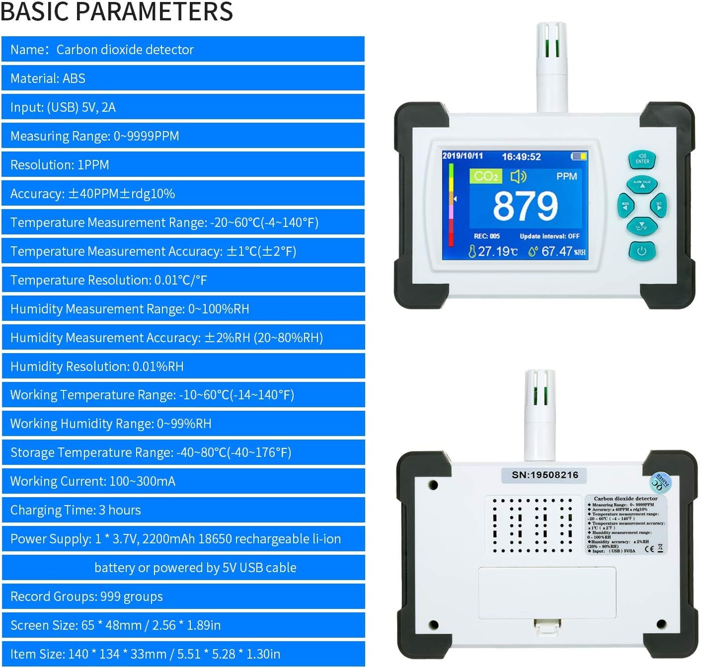 CO2-Messgerät für den Innenbereich, Kohlendioxid-Detektor-Tester, Luftqualitätsdetektor mit Aufbewahrungskoffer, CO2-Detektor, CO2-Sensor-Monitor SR-510A