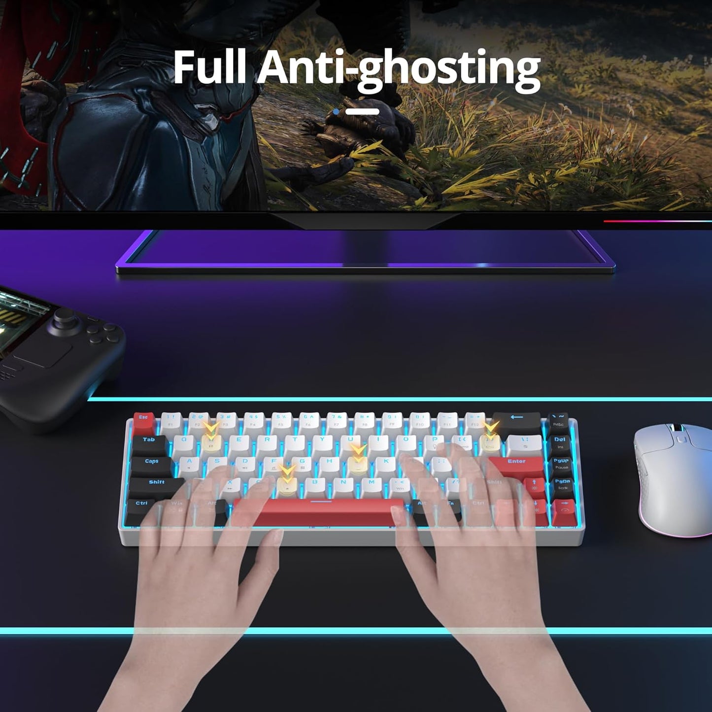 surmen 65 % mechanische Gaming-Tastatur mit linearem rotem Schalter, kabelgebunden, Mini-Kompakttastatur, 60 % Hintergrundbeleuchtung, für Laptop, Desktop-PC, Gamer (68 weiß-eisblau)