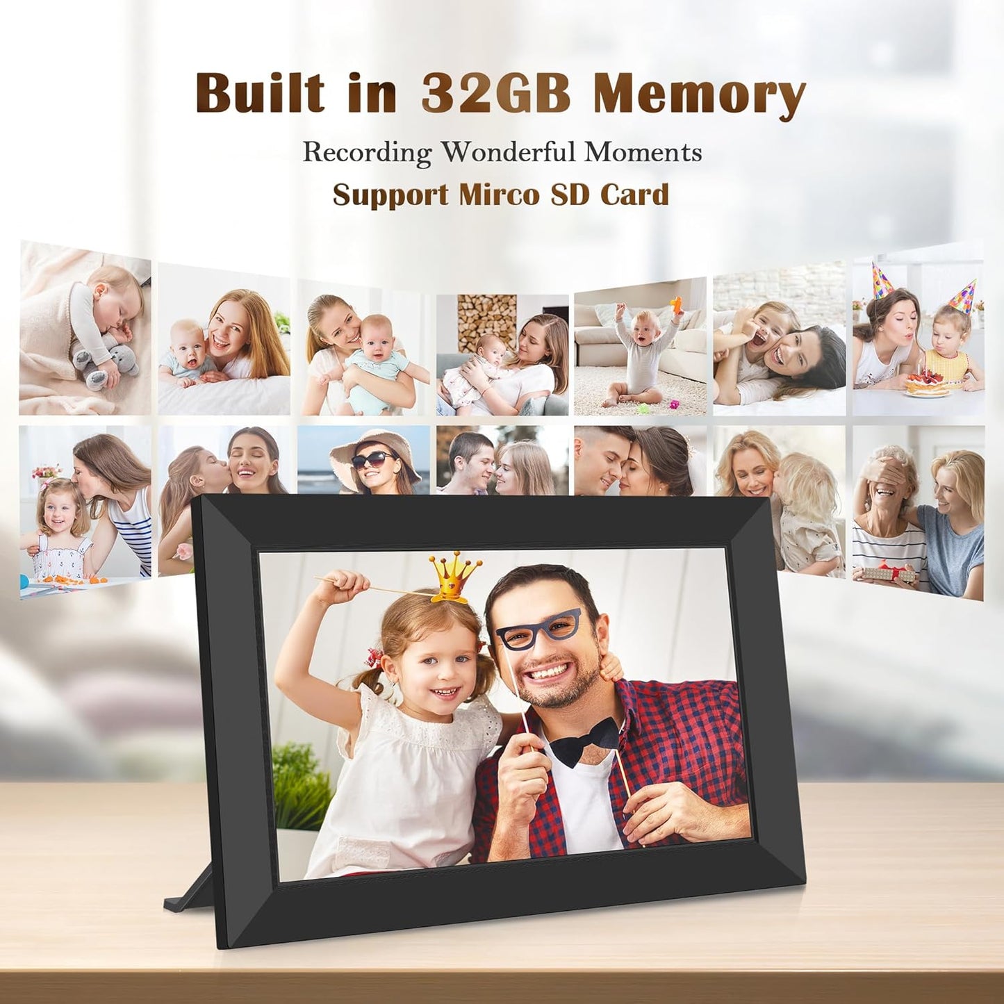 WONNIE Frameo WLAN Digitaler Bilderrahmen 10,1 Zoll, HD 1280 * 800 IPS Touchscreen Elektronischer FotoRahmen mit 32GB Speicher, Auto Drehung, Einfache Weitergabe von Fotos Videos über Frameo App