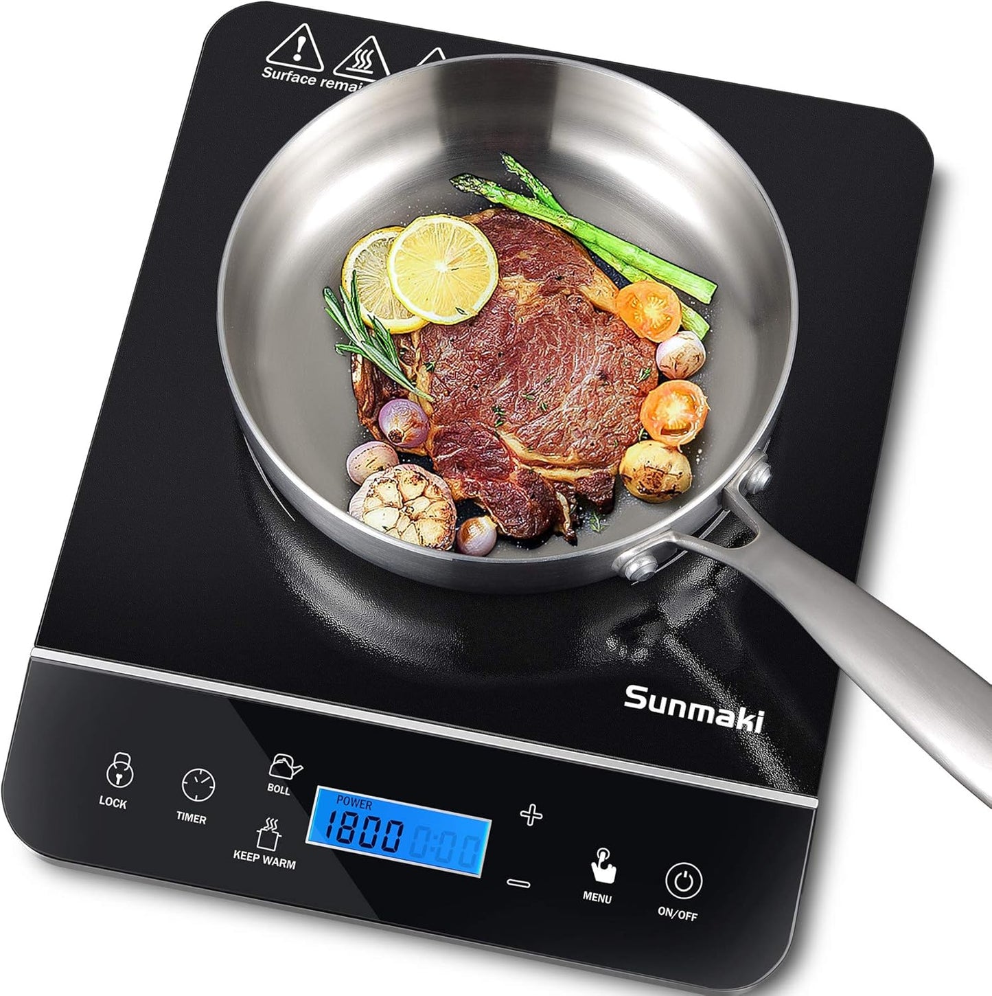 Tragbares Induktionskochfeld, Sunmaki 2000W Induktionsherd mit LCD-Sensor Touch, 10 Leistungsstufen und 10 Temperatureinstellungen, Touch-Bedienelemente, 4-Stunden-Timer, Schwarz