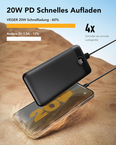 VEGER Power Bank 27000mAh 20W PD, Powerbank USB C Externer Handyakkus mit 4 Ausgängen und 2 Eingängen LED Tragbares Ladegerät,Kompatibel mit iPhone Samsung Huawei Tablet usw