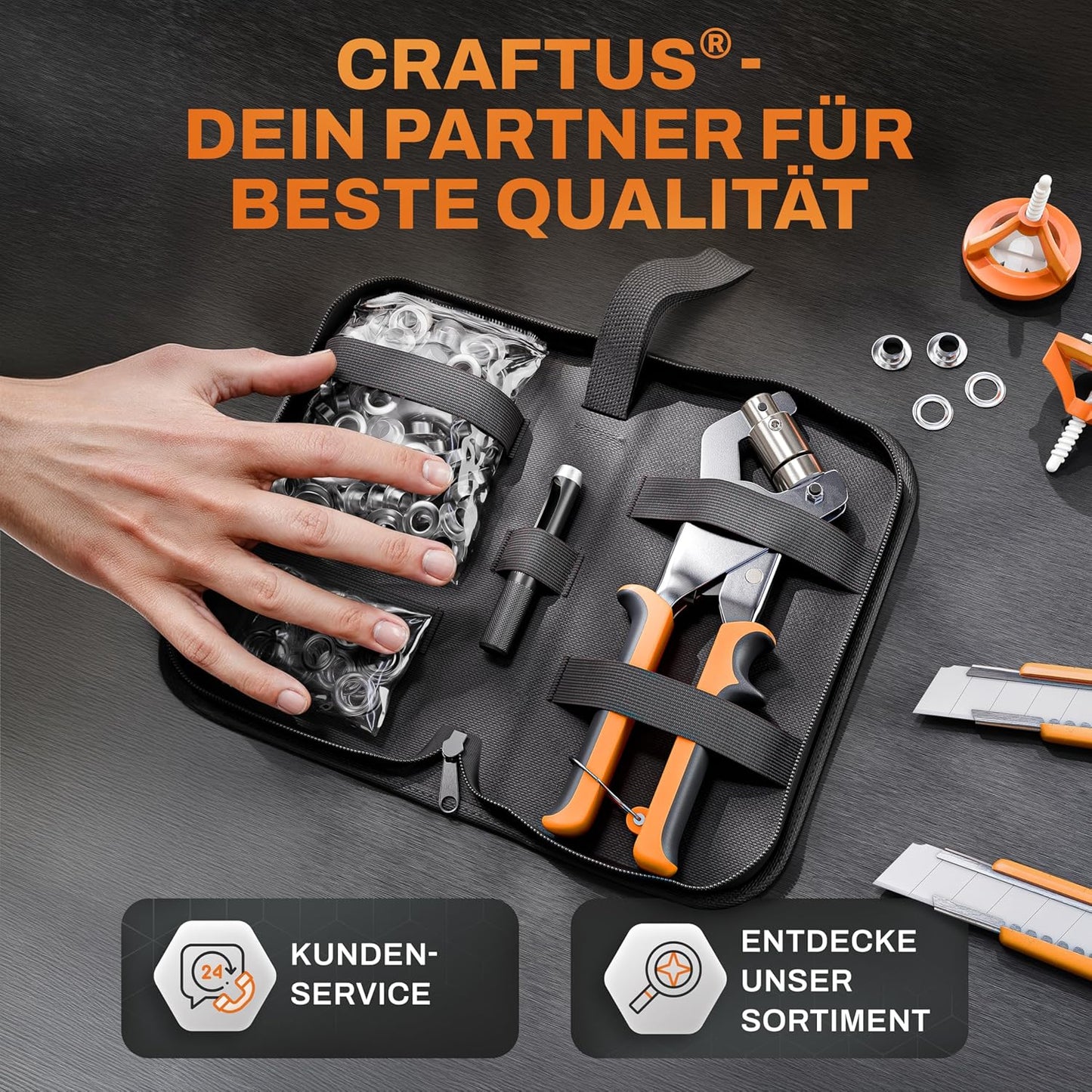 CRAFTUS® Profi Ösenzange Set mit 200 rostfreien Ösen (Ø 10mm) I Magnetische Ösenpresse aus gehärtetem Stahl für Stoffe & Planen I Ösenstanze für Planenösen & Metallösen