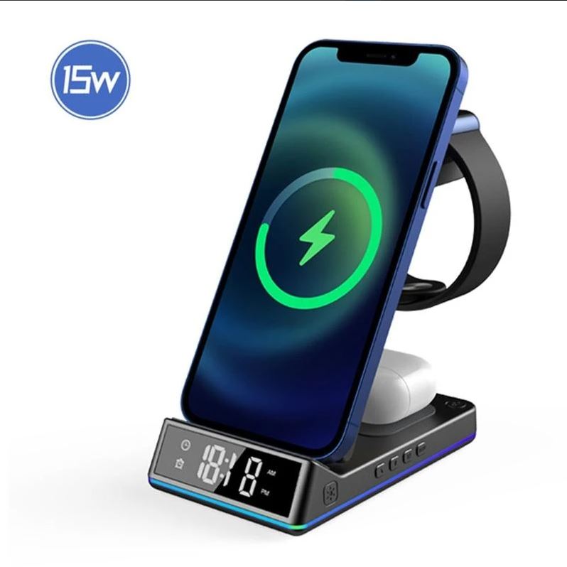 Z6 Faltbares 5-in-1 15W magnetisches kabelloses Ladegerät mit auffälligem Atmosphärenlicht/Digitaluhr Multifunktions-Ladeständer für kabelloses Laden