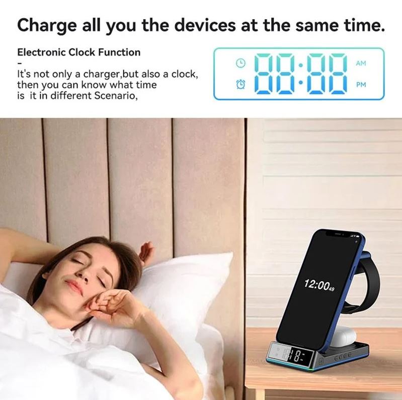 Z6 Faltbares 5-in-1 15W magnetisches kabelloses Ladegerät mit auffälligem Atmosphärenlicht/Digitaluhr Multifunktions-Ladeständer für kabelloses Laden