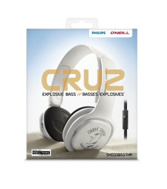 Casque supra-auriculaire Philips O'Neill Cruz SHOW 3305 STKR/00 avec basses supplémentaires et fonction casque universelle, blanc/noir