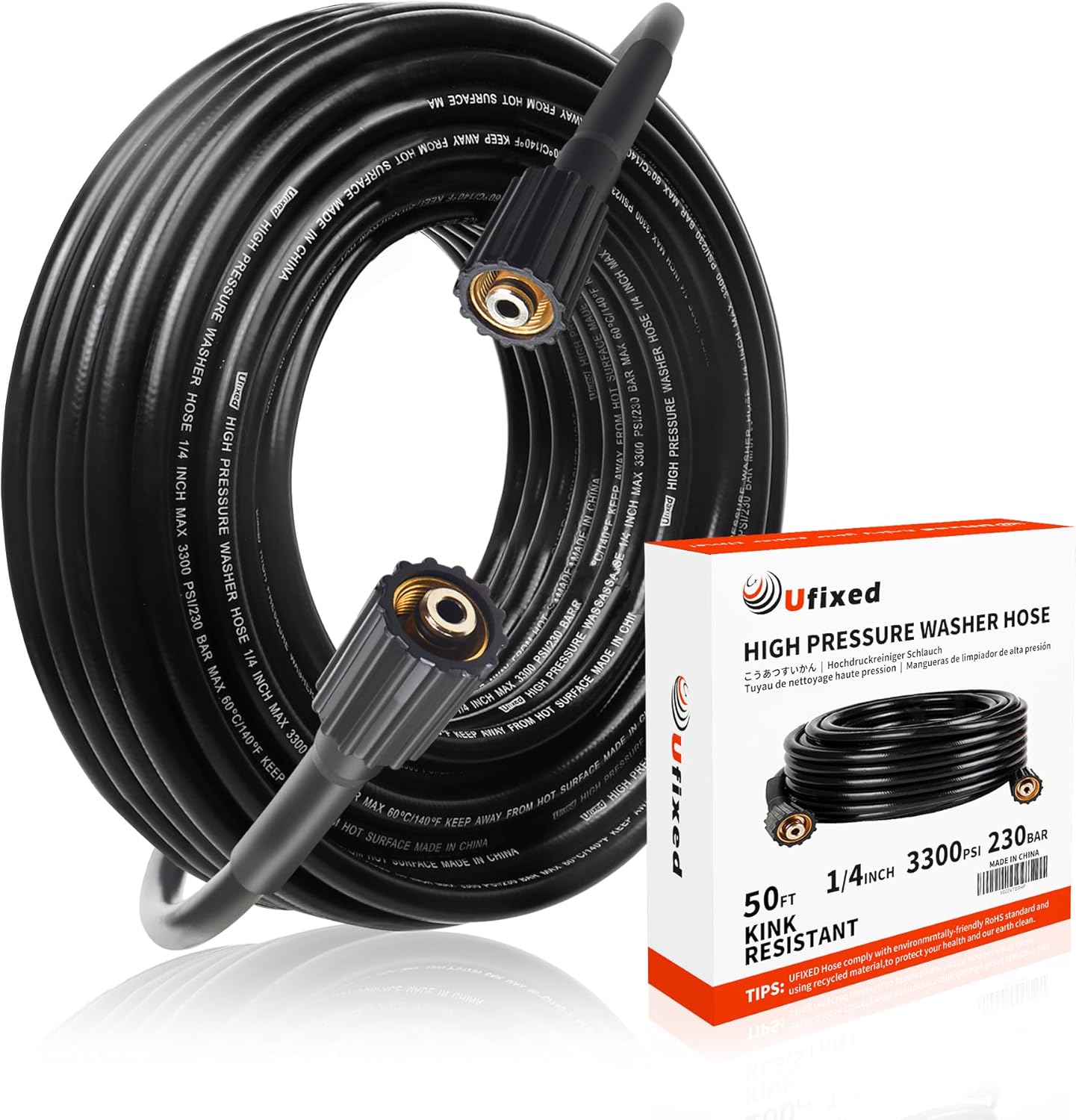 Ufixed Flexibler Nettoyeur haute pression Schlauch 15 M 1/4 Zoll 3300 PSI, Schlauch pour nettoyeur haute pression résistant aux coups avec raccord en laiton M22 14 mm, Ersatzschlauch pour nettoyeur haute pression, Autowashschlauch