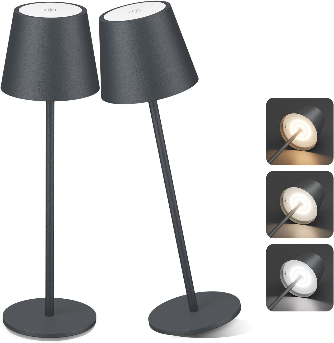 Aipsun 2 Stück Dimmbare LED akku Tischleuchte, 6000mAh, Tischlampe Kabellos, Warmweiß(2700k-6000k), IP54, Outdoor Tischlampe für Restaurant, Schlafzimmer, Bar(Anthrazit)