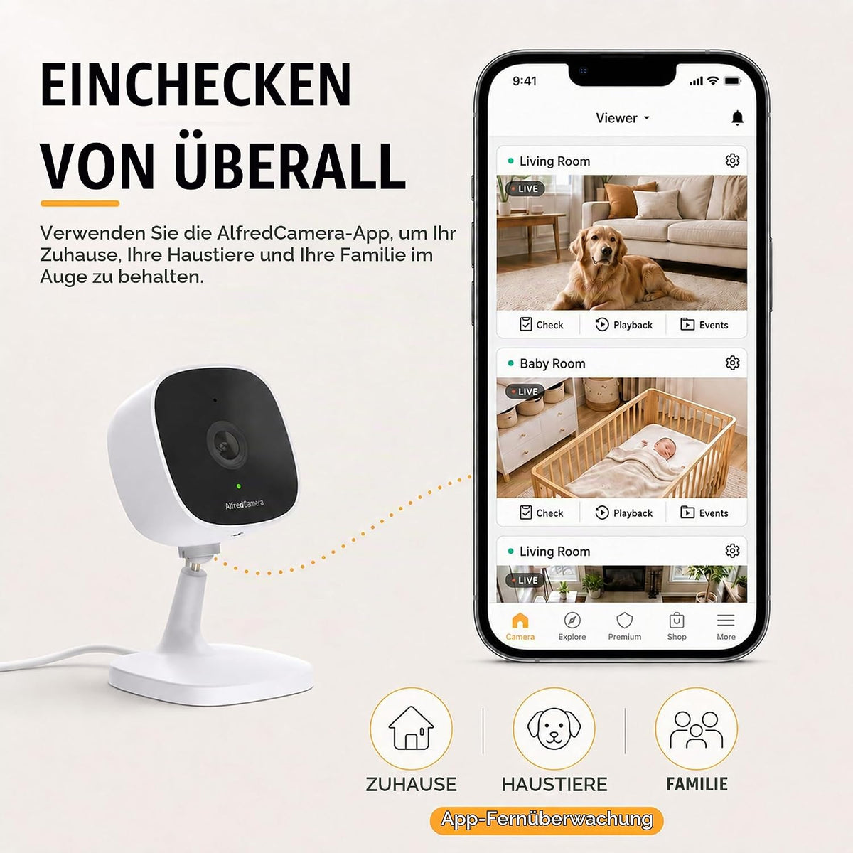 Alfred Überwachungskamera Innen WLAN, Daueraufzeichnung, Steckdose, App,Bewegungsmelder, Nachtsicht