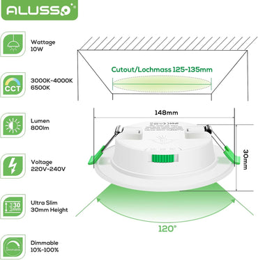 ALUSSO LED Deckenspots Flach 230V, 10W 800lm Dimmbar(6er Set)