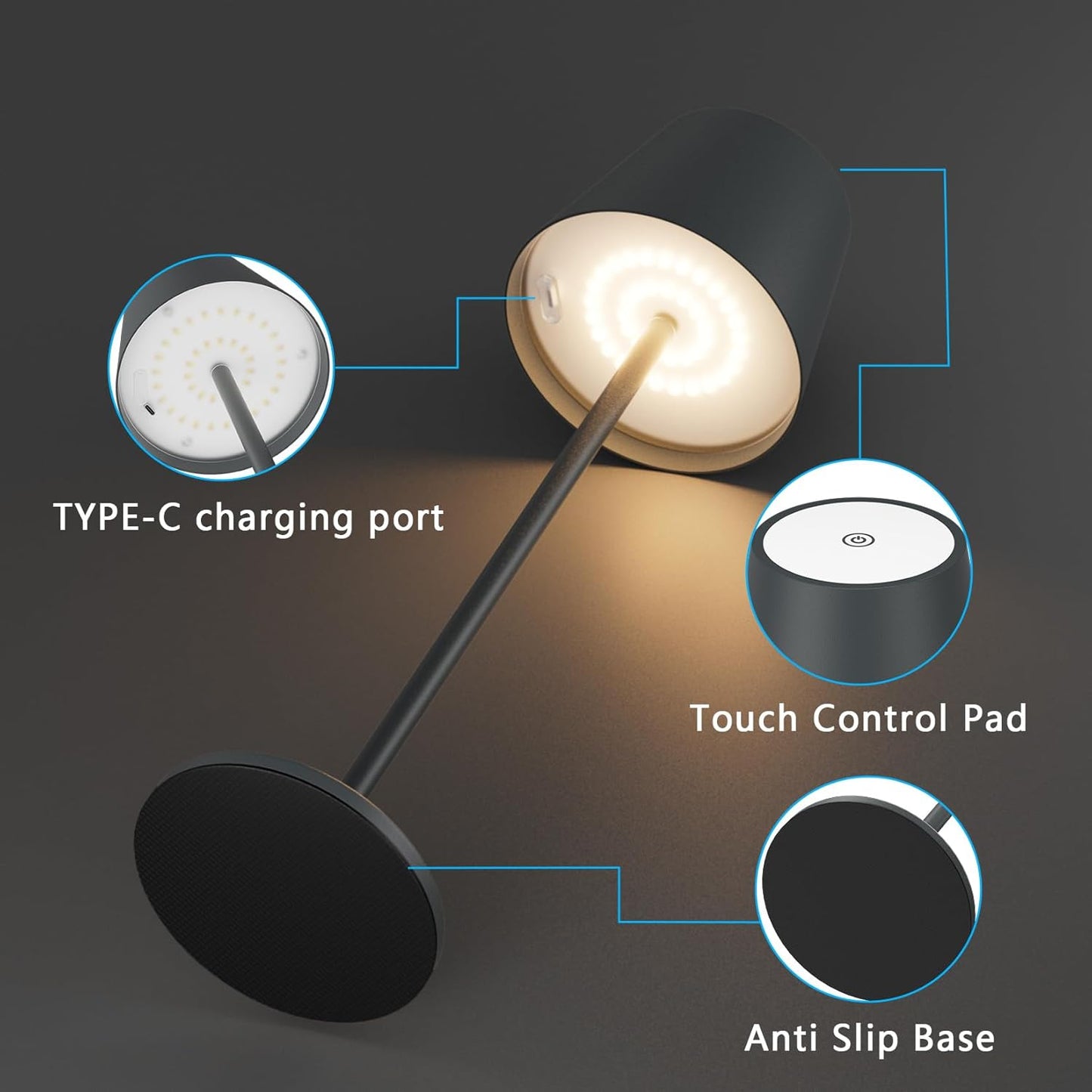 Aipsun 2 Stück Dimmbare LED akku Tischleuchte, 6000mAh, Tischlampe Kabellos, Warmweiß(2700k-6000k), IP54, Outdoor Tischlampe für Restaurant, Schlafzimmer, Bar(Anthrazit)
