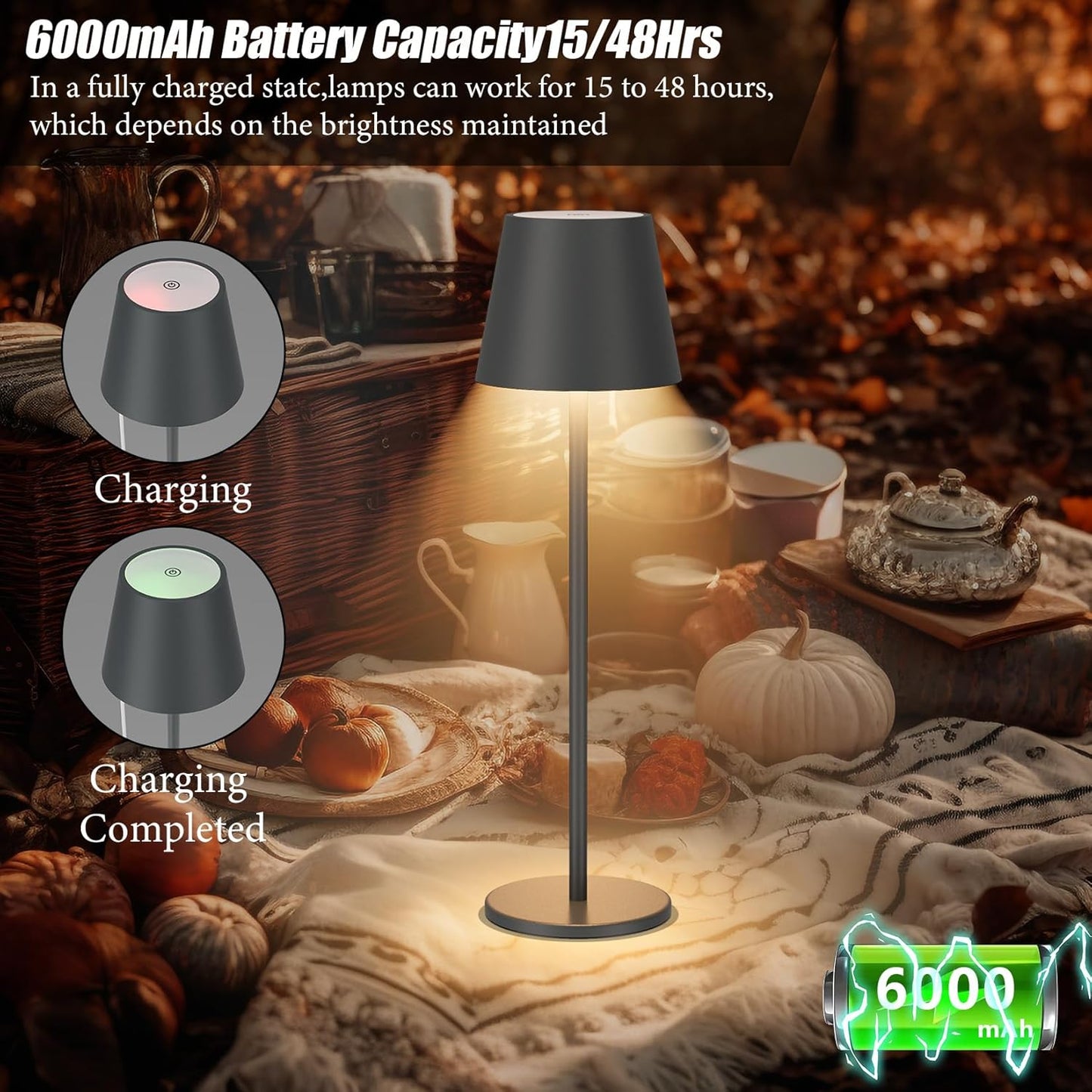 Aipsun 2 Stück Dimmbare LED akku Tischleuchte, 6000mAh, Tischlampe Kabellos, Warmweiß(2700k-6000k), IP54, Outdoor Tischlampe für Restaurant, Schlafzimmer, Bar(Anthrazit)