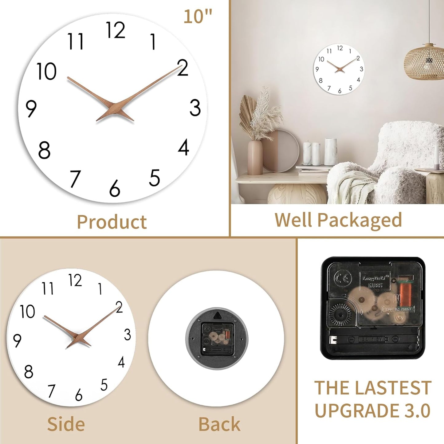 AIRUIFU Holz Wanduhr Ohne TickgeräUsche Lautlos Modern 25cm Quarz (weiß)
