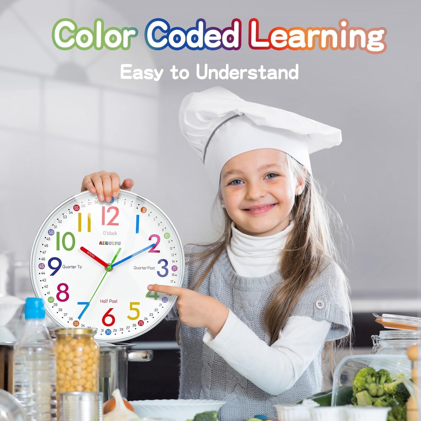 AIRUIFU Wanduhr für Kinder, die lernen, die Zeit zu sagen, 30,5 cm, leise, analoge Uhr für Kinderzimmer, Schlafzimmer/Klassenzimmer/Spielzimmer