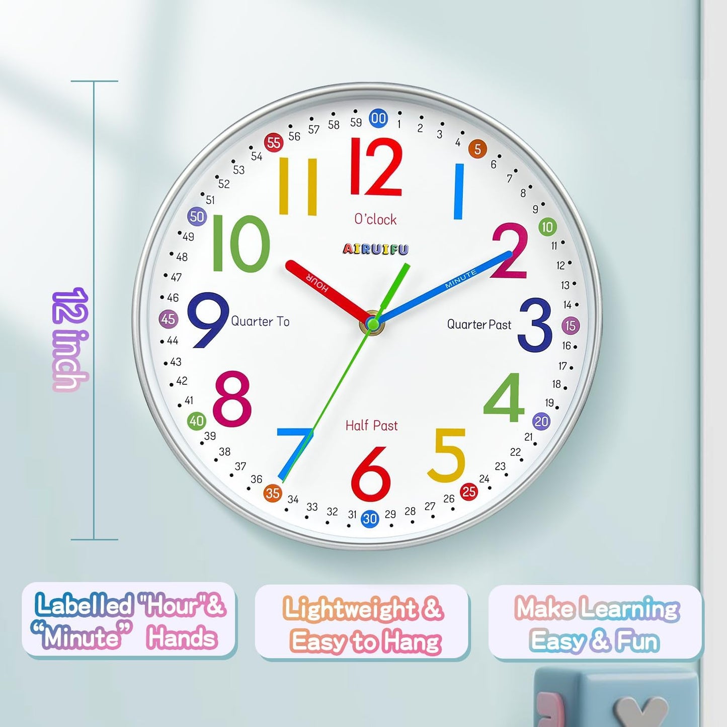 AIRUIFU Wanduhr für Kinder, die lernen, die Zeit zu sagen, 30,5 cm, leise, analoge Uhr für Kinderzimmer, Schlafzimmer/Klassenzimmer/Spielzimmer