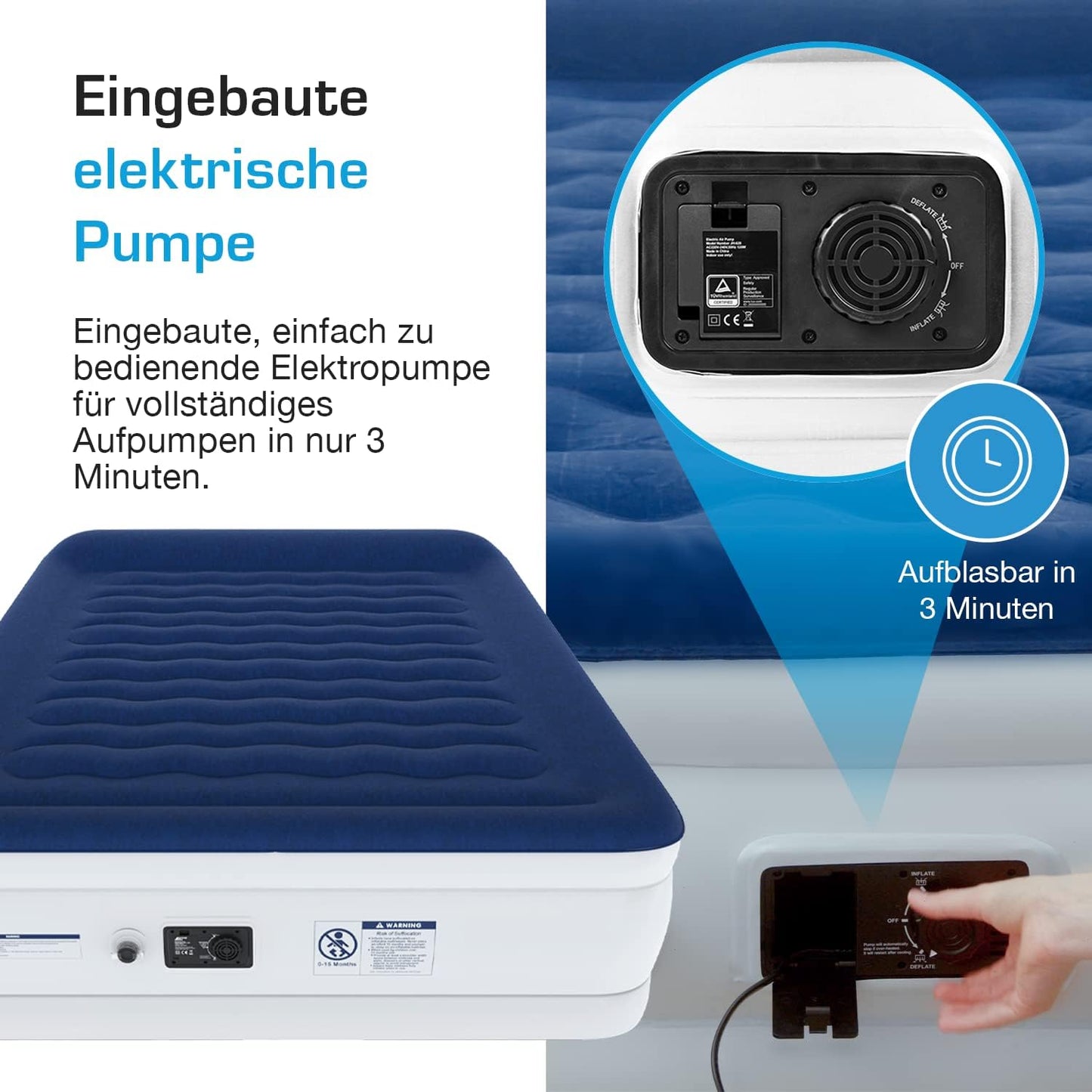 Active Era Luxus Luftbett 2 Personen, mit eingebauter elektrischer Pumpe & integriertem Kissen, 203 x 152 x 56cm