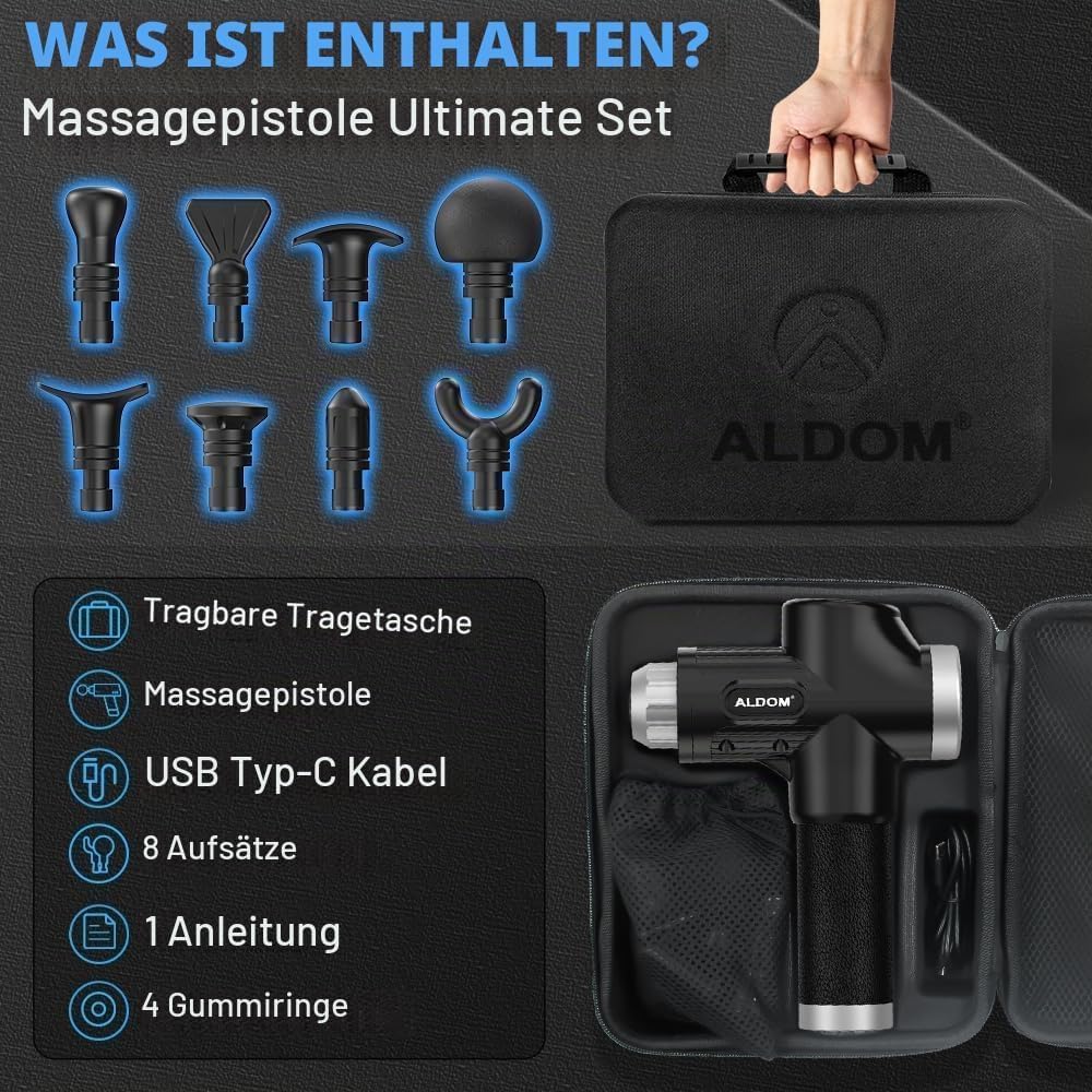 ALDOM Massagepistole mit 30 verstellbaren Stufen, 8 Massageköpfen und LCD-Display 4800 U/min,