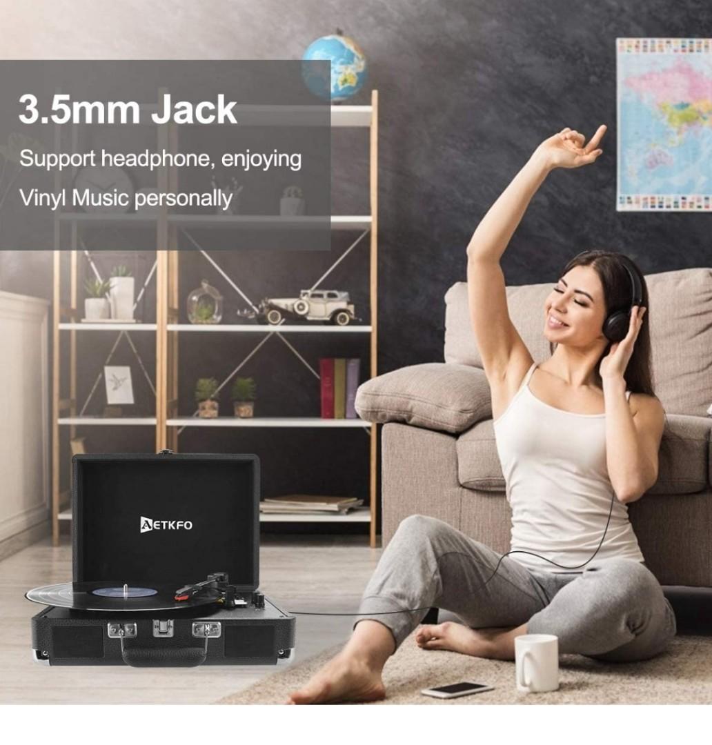 AETKFO Vinyl-Plattenspieler, Tragbare Bluetooth-Plattenspieler 3 Geschwindigkeiten mit Lautsprechern, unterstützt die Aufnahme von Vinyl, RCA und USB-Ausgang/AUX-Eingang/Kopfhöreranschluss,