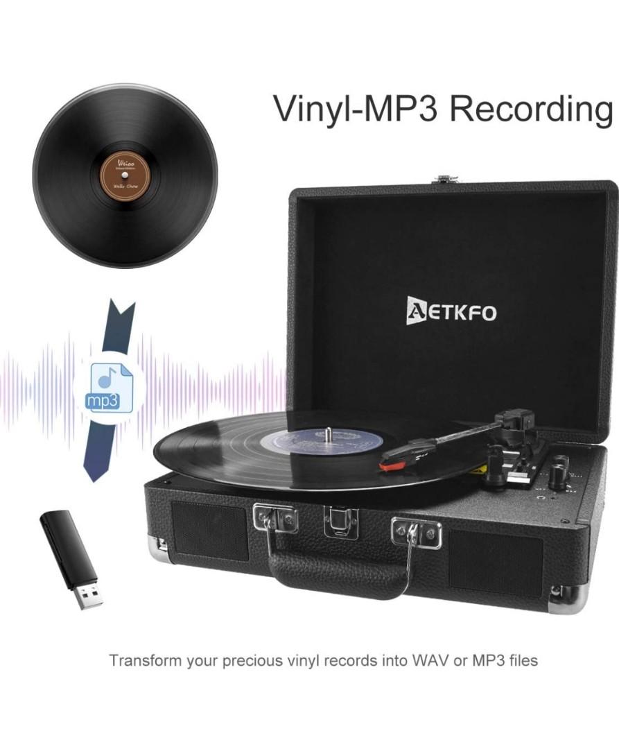 AETKFO Vinyl-Plattenspieler, Tragbare Bluetooth-Plattenspieler 3 Geschwindigkeiten mit Lautsprechern, unterstützt die Aufnahme von Vinyl, RCA und USB-Ausgang/AUX-Eingang/Kopfhöreranschluss,
