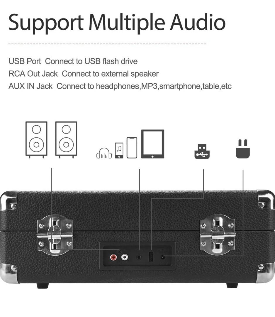 AETKFO Vinyl-Plattenspieler, Tragbare Bluetooth-Plattenspieler 3 Geschwindigkeiten mit Lautsprechern, unterstützt die Aufnahme von Vinyl, RCA und USB-Ausgang/AUX-Eingang/Kopfhöreranschluss,