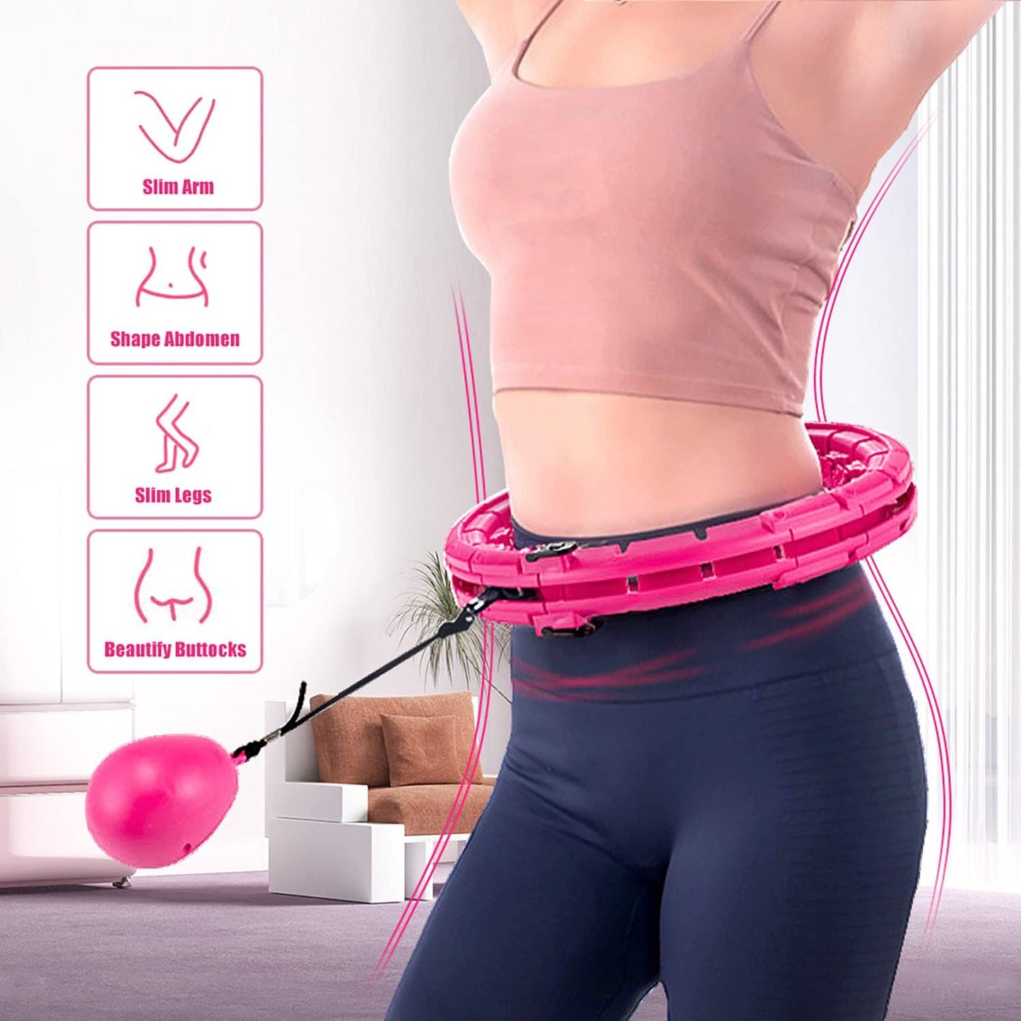 AgoKud Smart Weighted Hula Hoop, verstellbarer und abnehmbarer 24-Knoten-Massagereifen für Erwachsene und Kinder Rosa