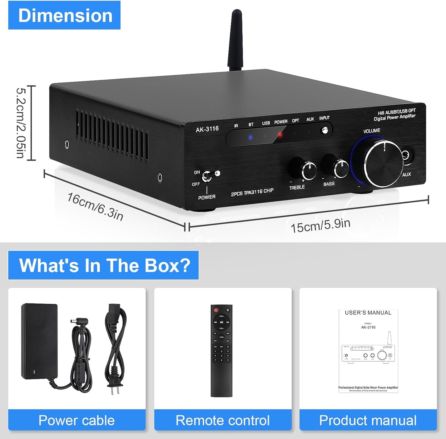 AK3116 HiFi-Verstärker mit Bluetooth 5.0, Mini Stereo Audioverstärker USB,AUX,BT