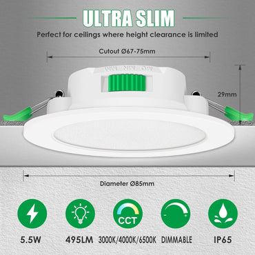 ALUSSO LED Einbaustrahler 230V Dimmbar IP65 Ultra Flach 5.5W LED Spots 68mm Blanc Chaud Neutre Blanc Kaltweiß Deckenspots pour Badezimmer Küche Wohnzimmer, Weiss, 10er Set