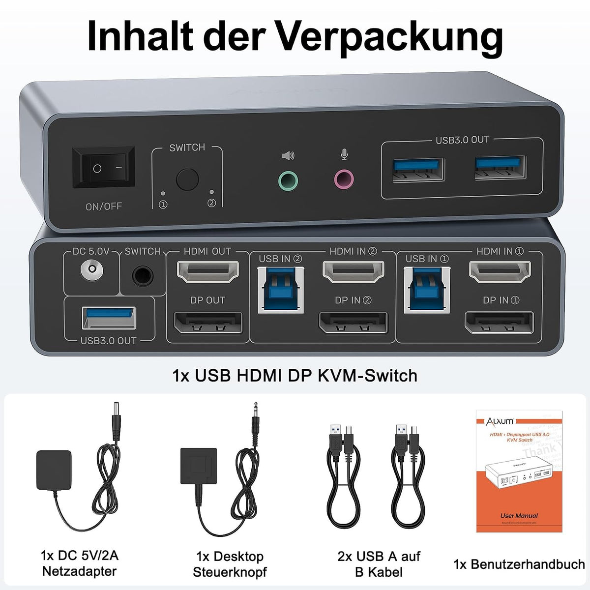 Alxum Displayport HDMI KVM-Switch 4K@60Hz für 2 PCs & 2 Monitore mit USB,