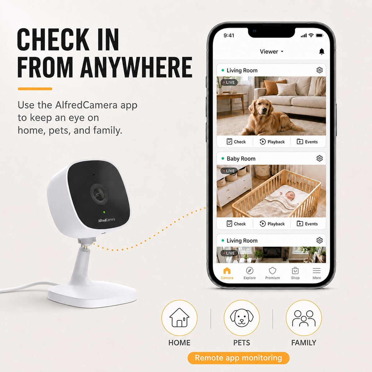 AlfredCam Überwachungskamera Indoor Wireless 1080P 24/7 Daueraufnahme