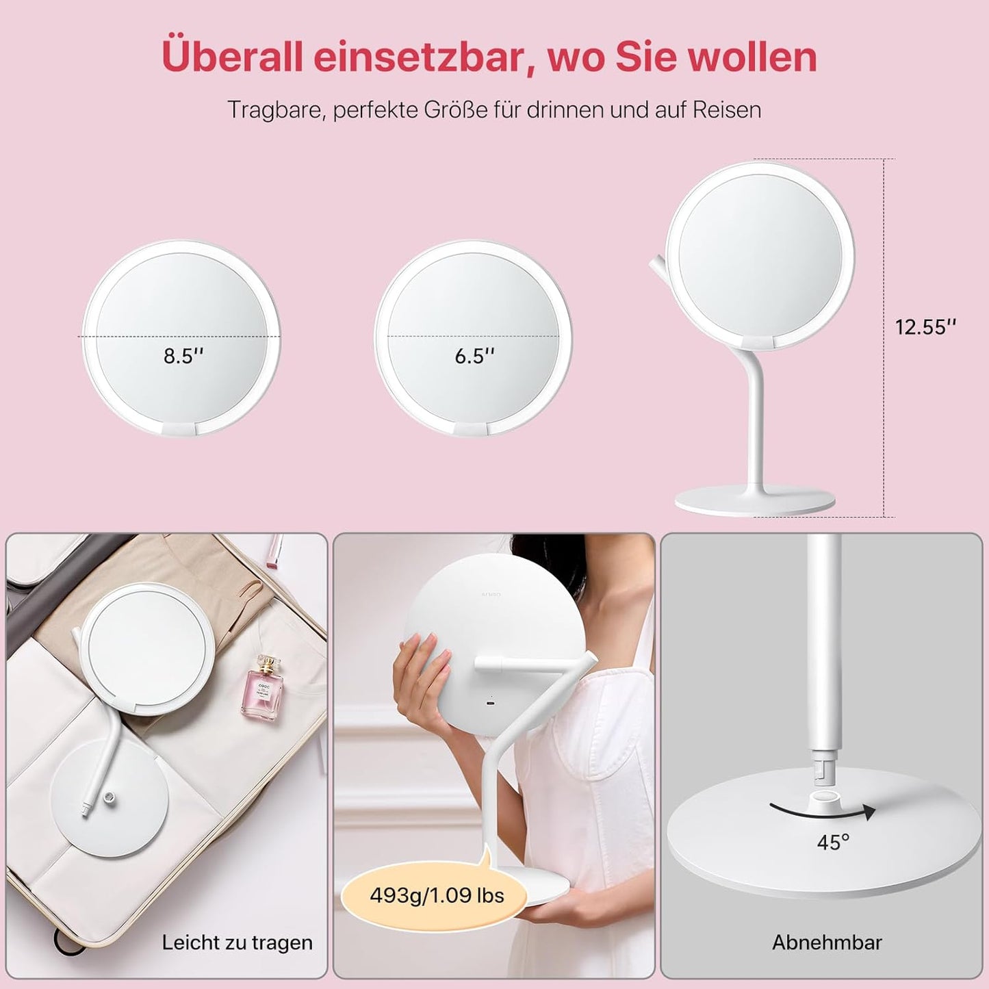 AMIRO Wiederaufladbarer Schminkspiegel mit Licht,Verstärkung, 1/5-fache Vergrößerung, doppelter(Weiß)