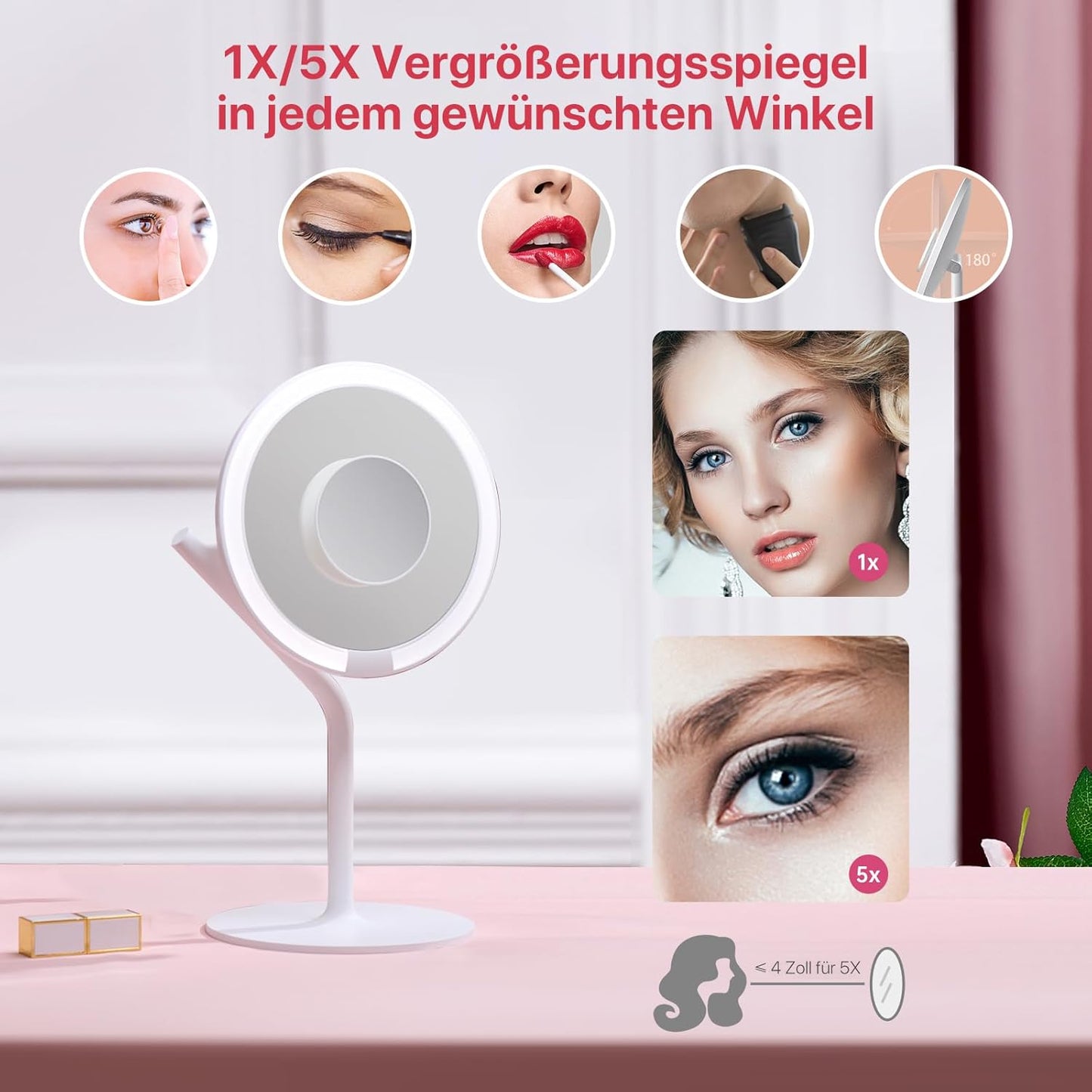 AMIRO Wiederaufladbarer Schminkspiegel mit Licht,Verstärkung, 1/5-fache Vergrößerung, doppelter(Weiß)