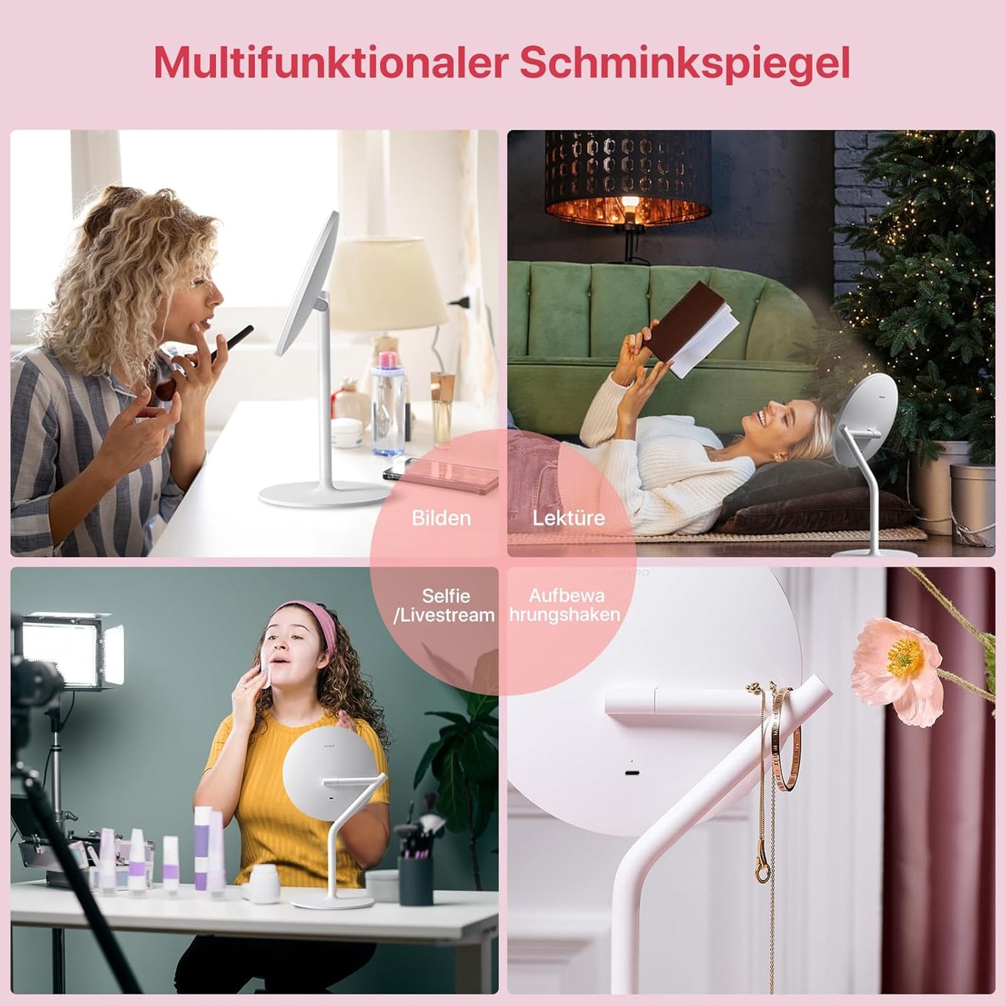 AMIRO Wiederaufladbarer Schminkspiegel mit Licht,Verstärkung, 1/5-fache Vergrößerung, doppelter(Weiß)