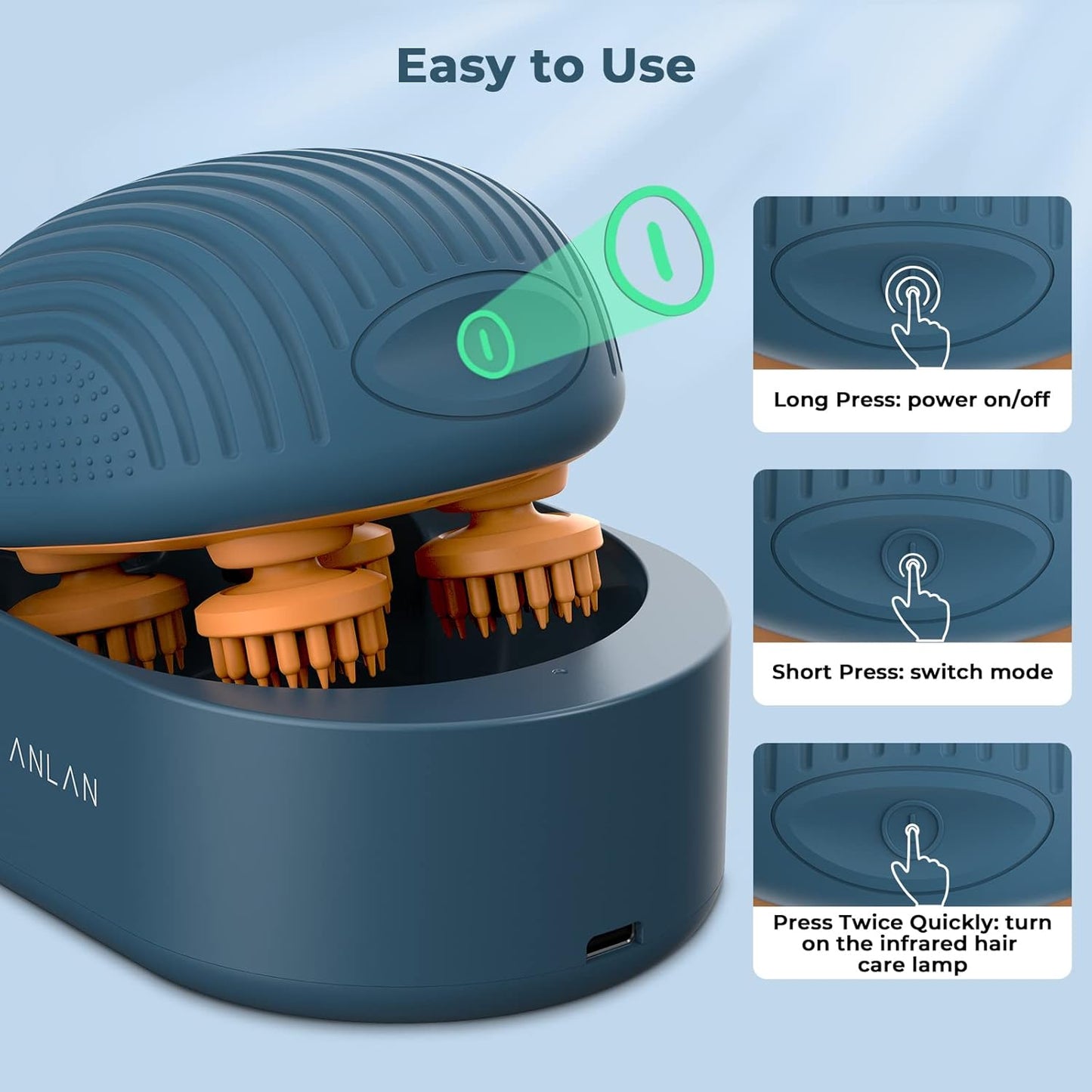 ANLAN Elektrisches Kopfmassagegerät, Kabellose Handmassagegerät mit 4 Ersatz-Massageköpfen, IPX7 Wasserdichtes Tragbar Massagegerät Für Schultern, Nacken, Rücken