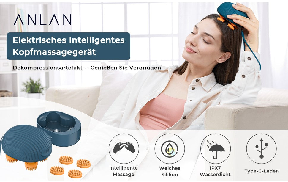 ANLAN Elektrisches Kopfmassagegerät, Kabellose Handmassagegerät mit 4 Ersatz-Massageköpfen, IPX7 Wasserdichtes Tragbar Massagegerät Für Schultern, Nacken, Rücken
