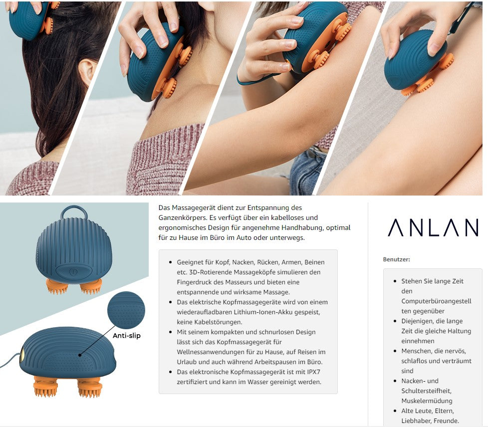 ANLAN Elektrisches Kopfmassagegerät, Kabellose Handmassagegerät mit 4 Ersatz-Massageköpfen, IPX7 Wasserdichtes Tragbar Massagegerät Für Schultern, Nacken, Rücken