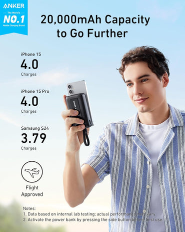 Anker Zolo Power Bank, 20.000 mAh, 30W mit integriertem USB-C-Kabel, 1 USB-C- und A-Kabel,Blau